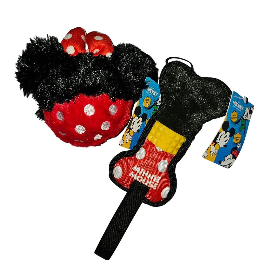 Disney Minnie Mouse Dog Toy 2pc Bundle Spiky Ball Plush Bone Squeaky New